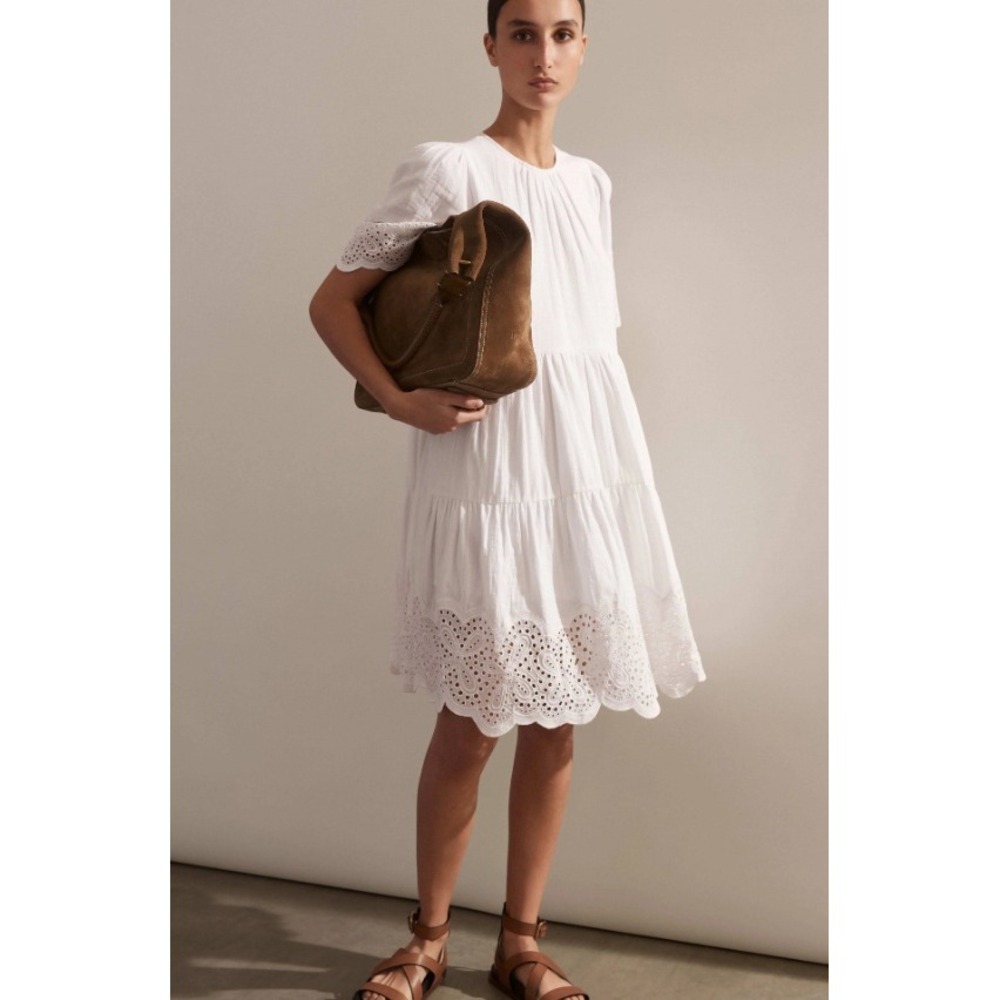 ME+EM Cheesecloth Broderie Eyelet Swing Dress White Puff Sleeve Tiered Boho Sz 2